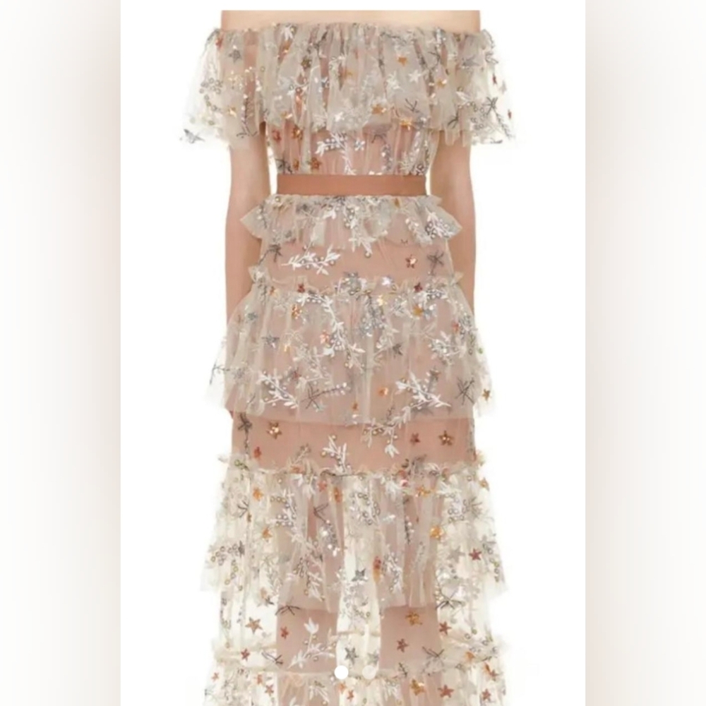 Self Portrait Star Sequined Embroidered Tiered Dress Size 10